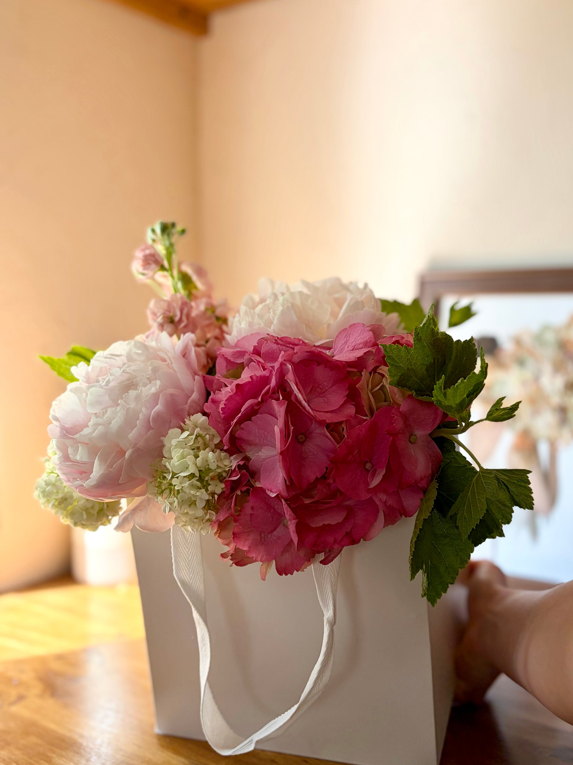 Sac hortensia pivoine rose pastel