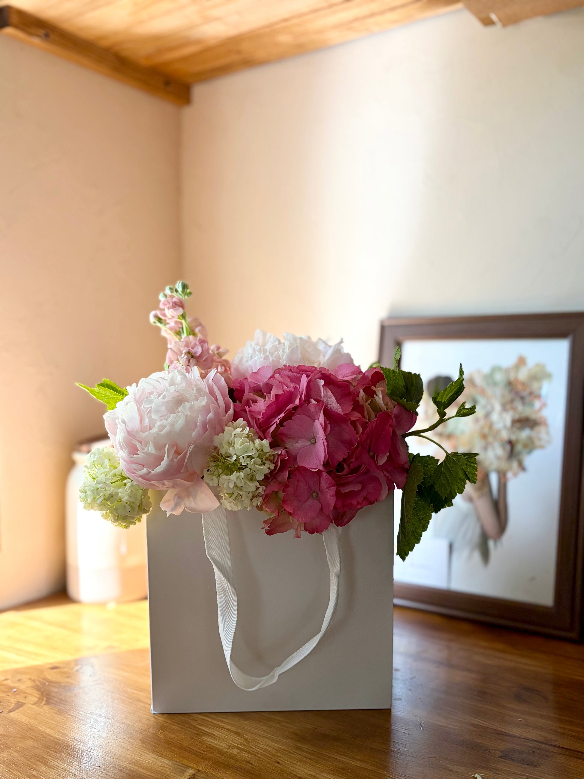 Sac hortensia pivoine rose pastel