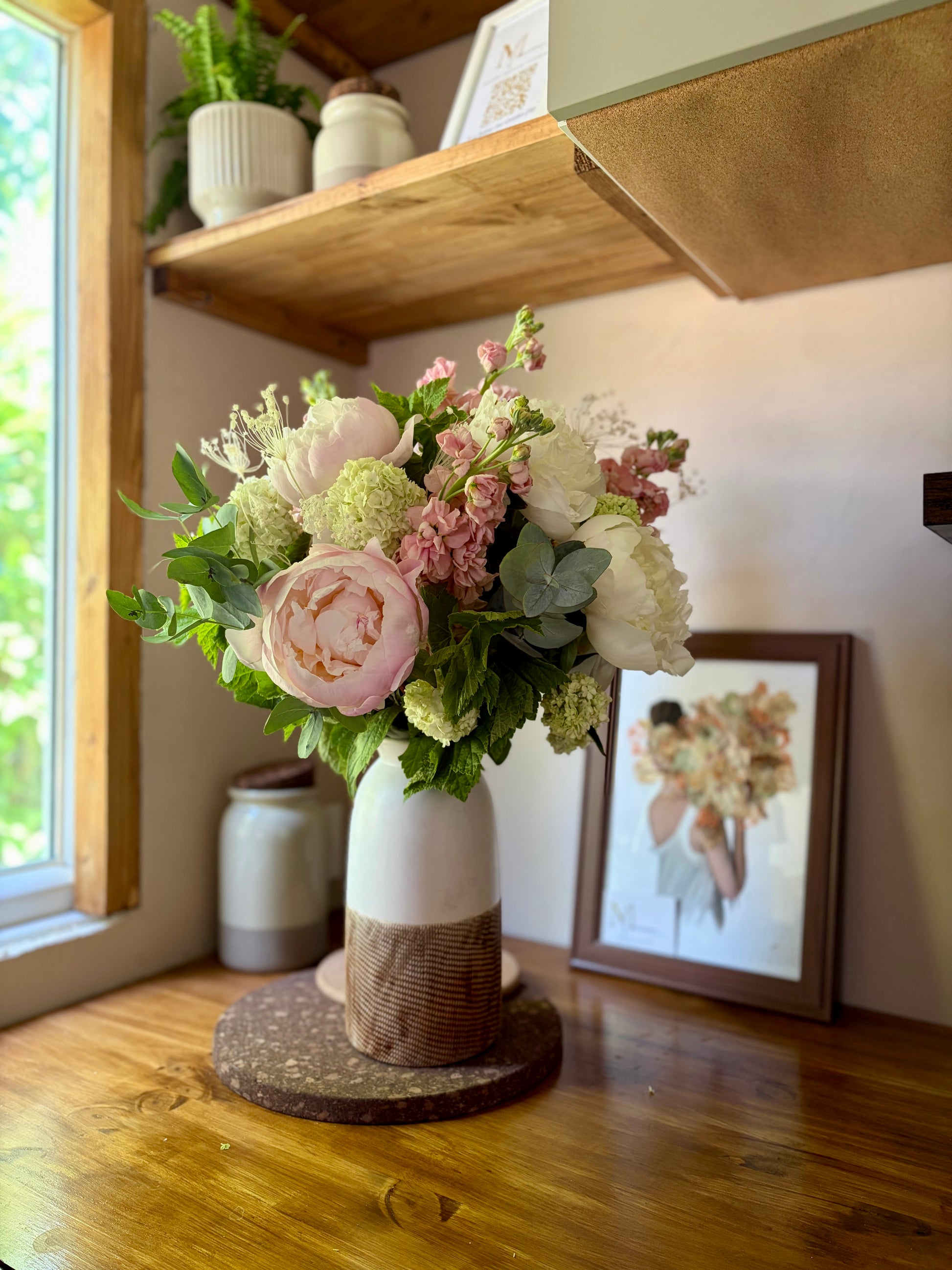 Bouquet rose pastel pivoines giroflée
