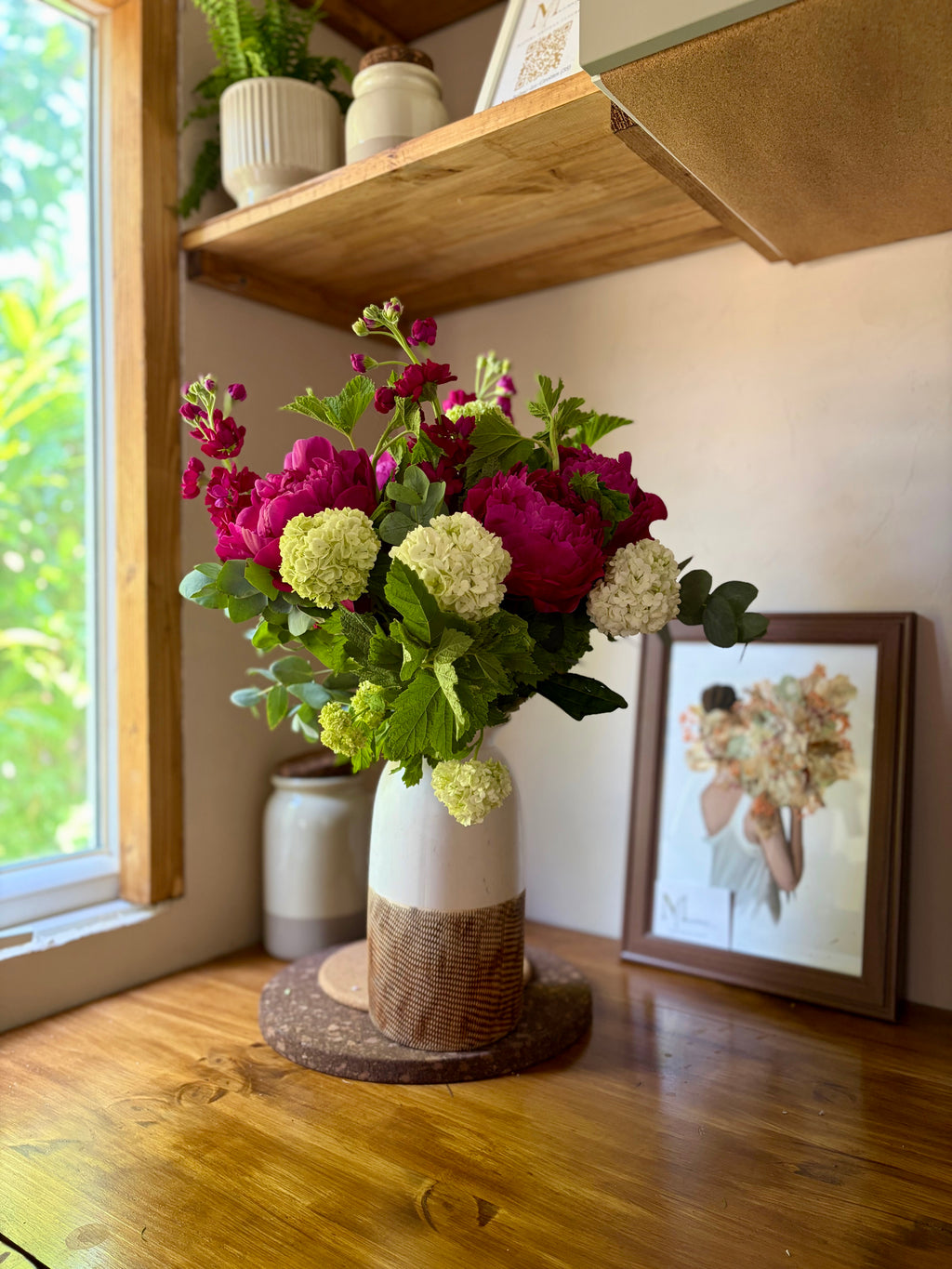 Bouquet rose fushia pivoines giroflée