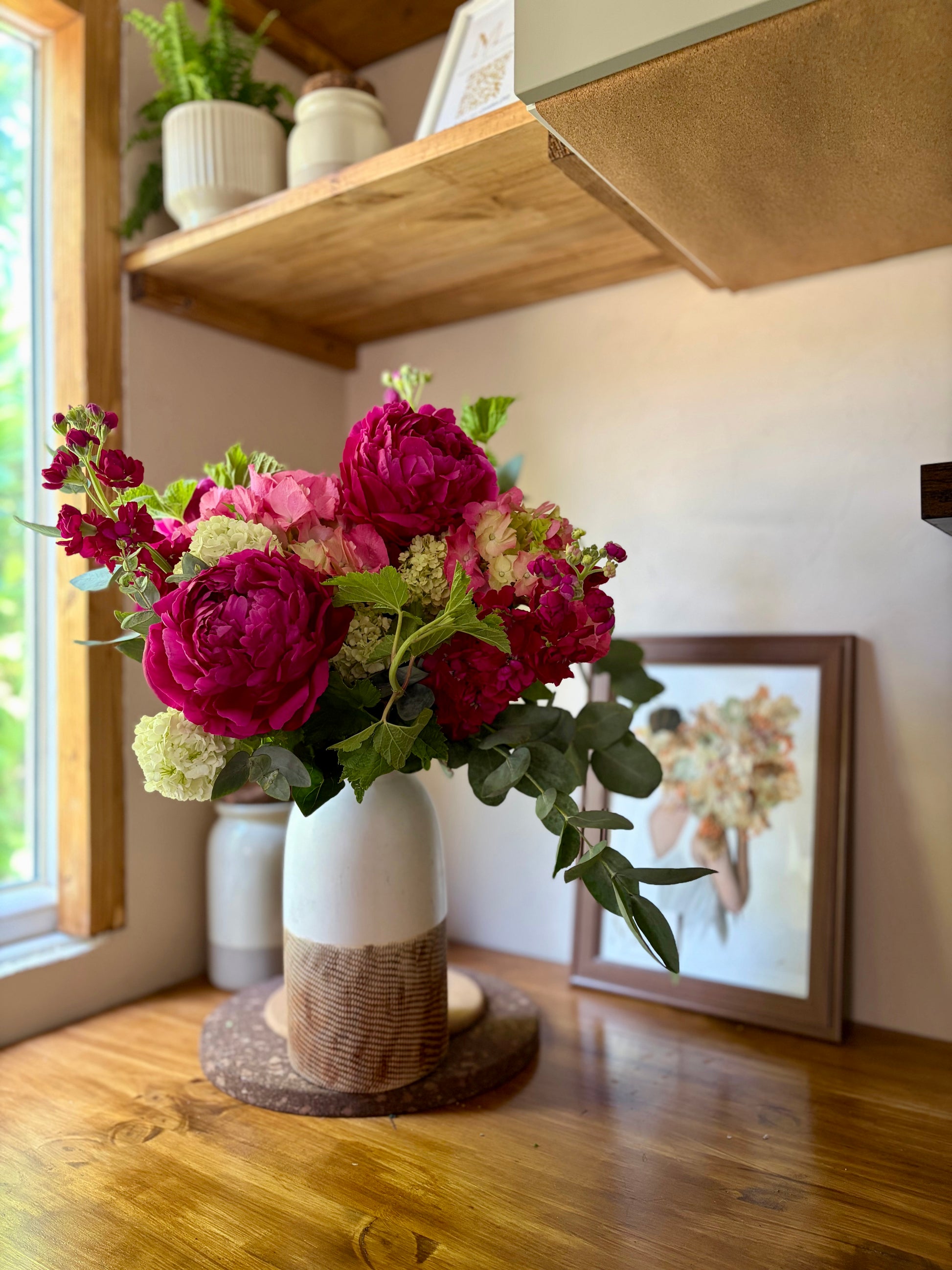 Bouquet hortensia pivoines rose fushia