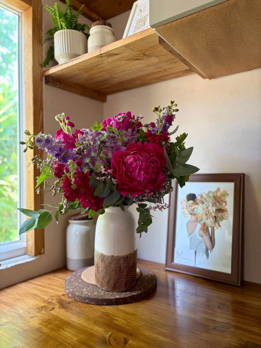 Bouquet hortensia pivoines fushia mauve