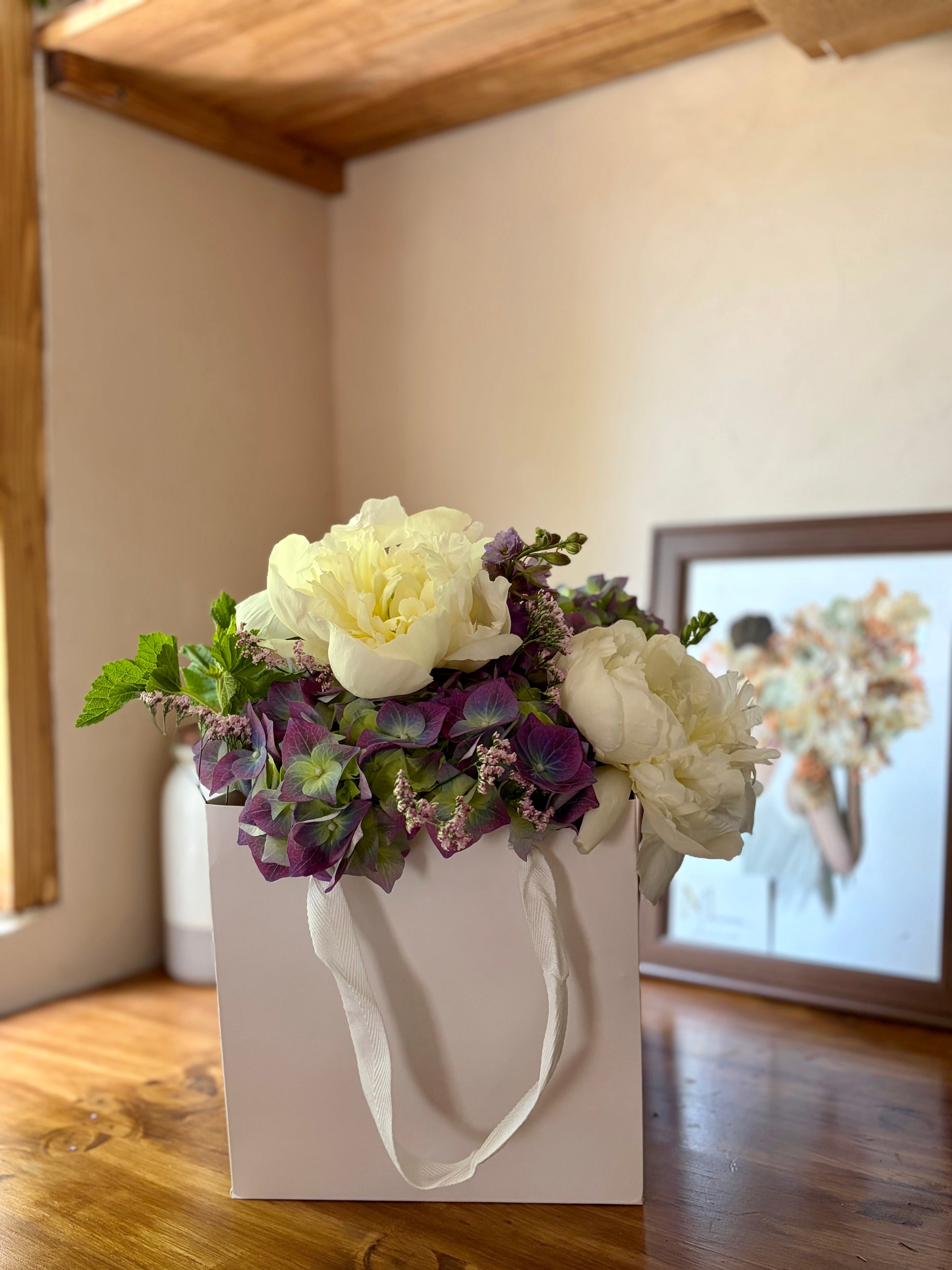 Sac hortensia pivoine blanc mauve
