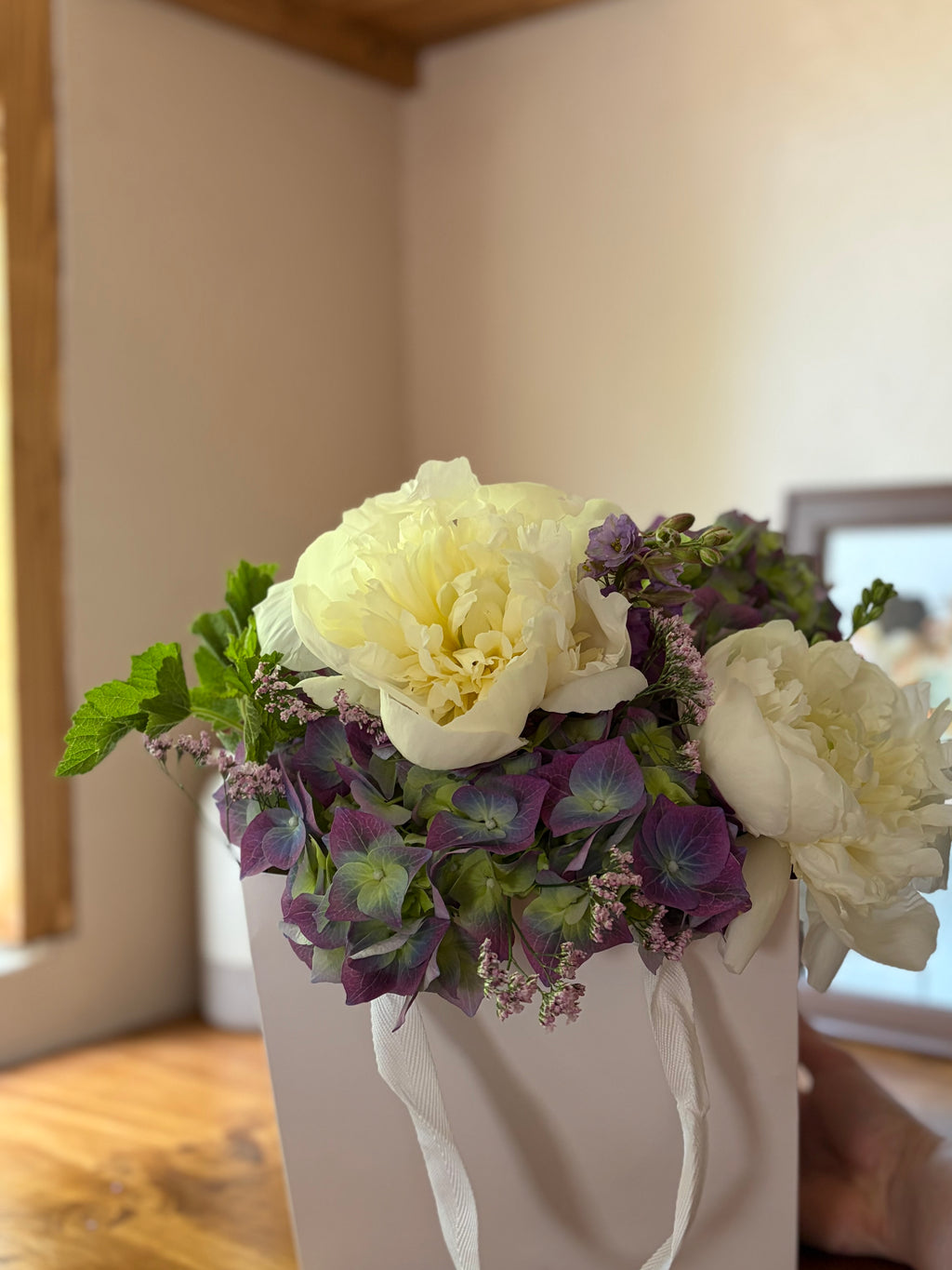 Sac hortensia pivoine blanc mauve