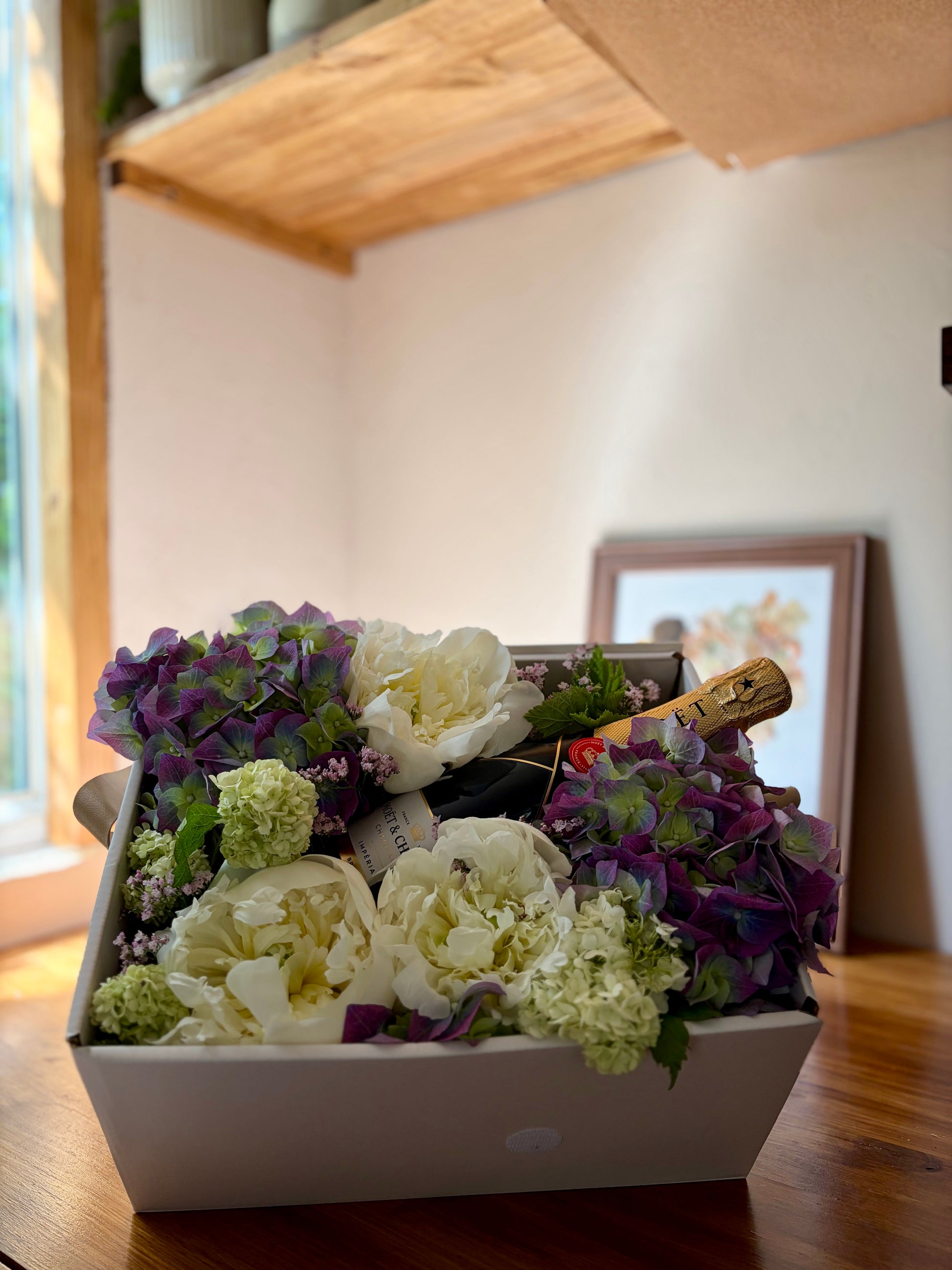Coffret champagne hortensia pivoine blanc mauve