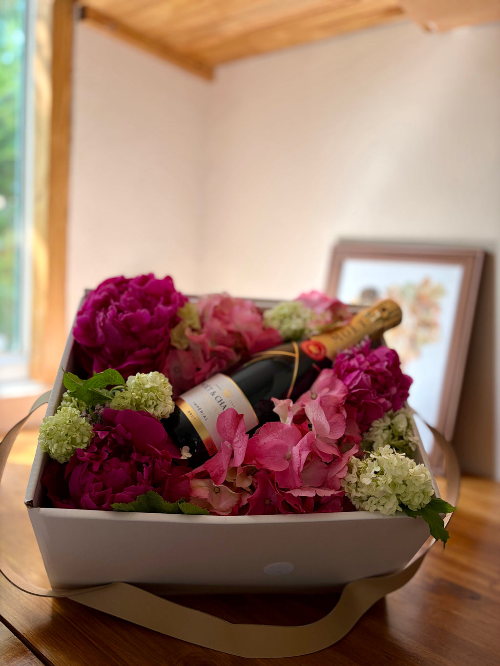 Coffret champagne hortensia pivoine rose
