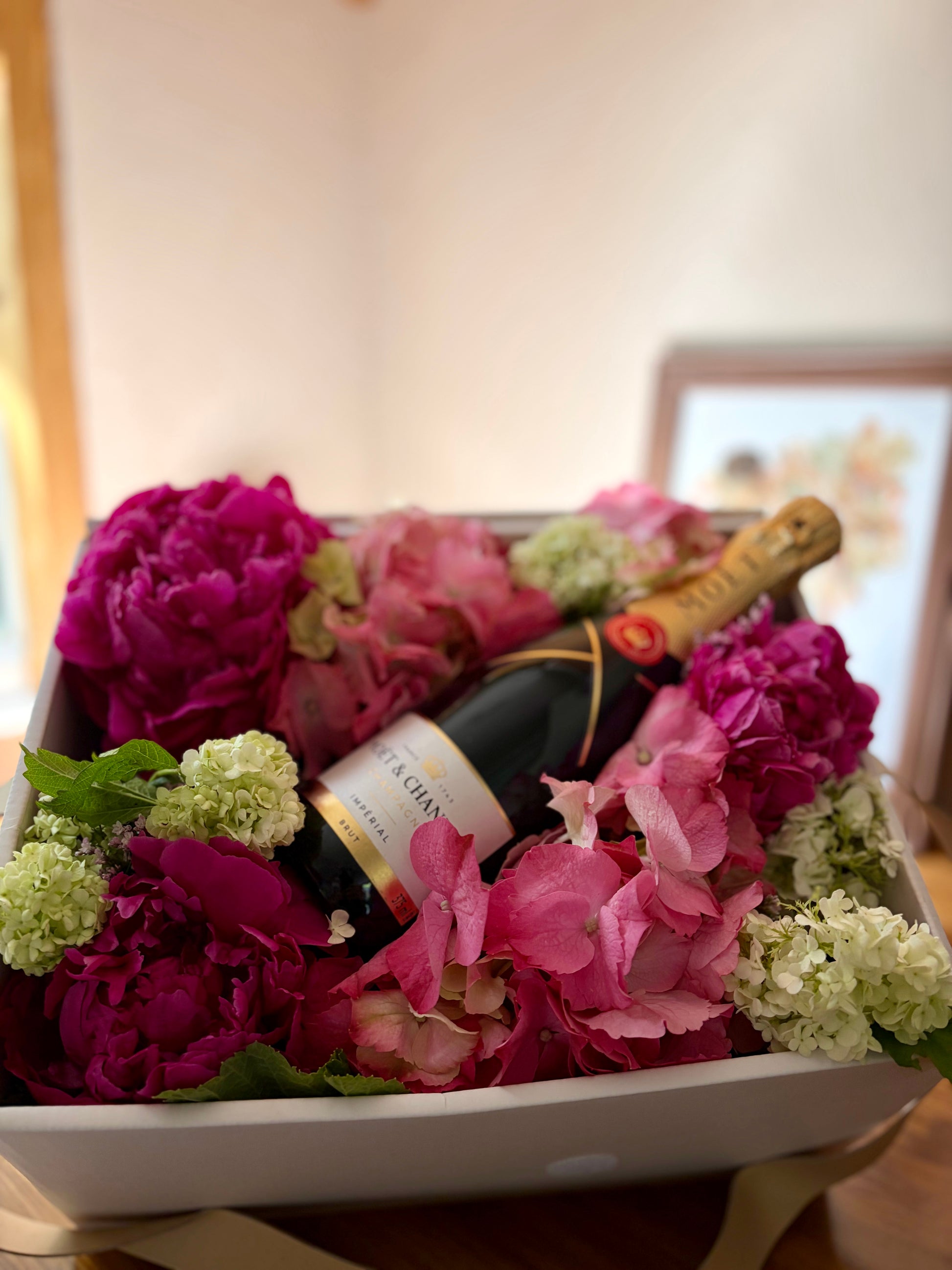 Coffret champagne hortensia pivoine rose